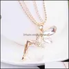Pendant Necklaces Angel Wings Fashion Women Jewelry Crystal Gold Color Long Chain Necklace Butterfly Fairy Drop Delivery Pendants Dhuih
