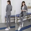 Women's Two Piece Pants Two-piece Set Women Suit Gray Casual Blazer High Waist Pant Office Lady Notched Jacket Suits Korean Femme 2 Pieces