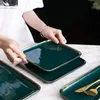 Plates Tableware Blackish Green Ceramic Dinner Set Gold Inlay Porcelain Dessert Plate Steak Snack Cake Salad Soup Rice Bowl