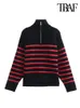 Women's Sweaters TRAF Women Fashion Loose Striped Asymmetry Knitted Vintage Long Sleeve Zipup Female Pullovers Chic Tops 230112