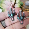 Dangle Boucles D'oreilles Lustre Mode Rétro Couleur TURQUOISE CACTUS Tournesol Bohème Ethnique Antiquités Argent Sculpté Métal Fourchette Partie Femme