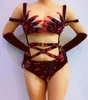 Scene Wear Hollow Out Sleeveless Halter Bodysuits Red Black Beaded Women Terrible Roll Spela Costumes Nightclub Outfit