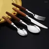 Dinnerware Sets 16/24Pcs Natural Wooden Cutlery Set Tableware 18/10 Stainless Steel Knife Spoon And Fork Dinnereware Kitchen Flatware