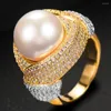 Anillos de boda GODKI lujo gran perla de imitación flor declaración en negrita con piedras de circón 2023 joyería de fiesta de compromiso de mujer de alta calidad