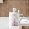 Mugs 400Ml Handpainted Balloon Castle Ceramic Coffee Mug With Lid Spoon Creative Tea Milk Couple Cup Novelty Gift For Friends Drop D Dhfq3