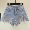 Shorts femininos short shrenestone denim finge mulheres de luxo de luxo jeans ripped garotas sexy streetwear hole moda bead y2k roupas