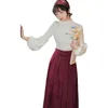 Robes de travail femmes françaises moderne 2 pièces ensemble gilet rouge bordeaux jupe Vintage lanterne manches blanc tricot haut chemise Mori fille hiver