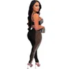 Bulk grossistbanor Kvinnor Summer Diamonds Outfits Two Piece Set Solid Sleeveless Tank Top och Mesh Leggings Sexy See Through Clothes Night Club Wear 9180