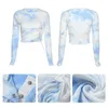 T-shirts pour femmes à manches longues en tricot côtelé Slim Crop Top Blue Gradient Tie-Dye Print Button T-Shirt Sexy Ruched Drawstring Streetwear