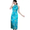 Etniska kläder kinesiska nationella långa cheongsam plus storlek satin vintage halter rygglös qipao tang kostym socialit eleganta kvinnor klänningar