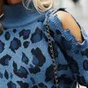 Женские свитера Ladies Blue Turtleneck Leoparard Свитер с длинным рукавом без бретелек.