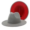 Cloches HanXi 2023 Red Bottom Hat 여성 펠트 Fedoras 패션 패치 워크 모조 양모 재즈 모자 플랫 브림 파나마 트릴 비 모자