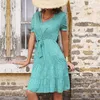 فساتين الحفلات Le Luz Floral Printed Midi Dress Boho Green Vintage Summer Women v-Deace Ruffles Puff Sleeve 2XL Ladies Female