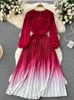 Casual Dresses Purple/Yellow/Red Draped Long Dress Women Elegant V-Neck Puff Sleeve High Waist Pleated A-Line Party Vestidos Female Spring