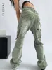 Kvinnors jeans yedinas streetwear grön pojkvän kvinnor vintage tvättade flera fickor breda ben byxor hög midja baggy denim byxor 230111