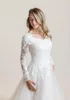 Lace applique Tulle Modest a-line Wedding Dresses With Long Sleeves Sweetheart Neckline Buttons Back Country Western Bridal Gowns