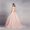 핑크 오간자 A- 라인 웨딩 드레스 스트랩리스 볼 가운 3D 꽃 커스텀 공주 신부 가운을 곁들인 드레이프 바디