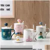 Mugs 400Ml Handpainted Balloon Castle Ceramic Coffee Mug With Lid Spoon Creative Tea Milk Couple Cup Novelty Gift For Friends Drop D Dhfq3