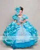 Милые бальные платья с рюшами и бисером для девочек, 2023 г., детское платье с синим цветком и аппликацией на свадьбу, фотосессия для первого причастия 322