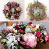 Flores decorativas Simulação Peony Wreath Rattan redonda Decoração de Garland Artificial Flor Fake Door Parede Ornamento pendurado