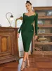 캐주얼 드레스 섹시한 V 목 긴 소매 레이스 패치 워크 미디 붕대 드레스 가을 우아한 녹색 포켓 바디콘 유명 런웨이 파티