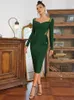 Casual Dresses Sexy V Neck Long Sleeve Lace Patchwork Midi Bandage Dress Autumn Elegant Green Pocket Bodycon Celebrity Runway Party