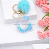 Keychains Lanyards Fluffy Blue Pompom Faux Rabbit Päls Boll paljetter Bokstäver Key Rings Holder Trendy Jewelry Bag Accessories Gifts D DH5PX