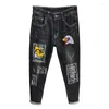 Jeans pour hommes déchiré broderie décontracté slim fit hommes trou motard droit denim crayon pantalon hip hop streetwear pantalons de hombre