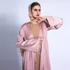 Ethnic Clothing Dubai Women Satin Rhinestone Abaya Maxi Cardigan Dress Fashion Muslim Plain Drawstring Robe Kaftan Elegant Party Evening