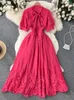 Casual Dresses Summer Rose Red/White Lace Hollow Out Party Long Dress Elegant Bow Collar Puff Short Sleeve High Waist A-Line Maxi Vestidos