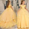 2023 Flower Girl Dress Yellow Off Shoulder Toddler voor bruiloft Tule 3d bloemen ruches optochtjurk kerstavondjurken verjaardagsfeestjurken eerste communie