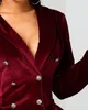 Women's Suits 2023 Female Double Breasted Velvet Ruffle Blazer & Skinny Pants Officewear Ladies Business Elegant Red