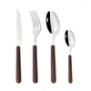Defina a utensília de jantar preto Mat mesa de faca de bolo de faca do garfo Conjunto de chá 4pcs Cozinha de cozinha de aço inoxidável com suporte de madeira
