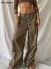 Pantalon femme 2023 taille basse Cargo droit femmes vert cravate Baggy pantalon maigre rétro Harajuku rue Sexy pantalon de survêtement