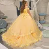 2023 Flower Girl Dress Yellow Off Shoulder Toddler For Wedding Tulle 3D Floral Ruffle Pageant Dress Christmas Evening Gowns Birthday Party Dresses First Communion