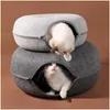 Cat Toys Donut Tunnel Bed Pets House Natural Felt Pet Cave Round Wool For Small Dogs Interactive Play Toycat Drop Delivery Home Gard Dh72R