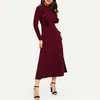 Casual Dresses Women 2023 Ruffles A-Line Mid-Calf Bourgogne Color Turtleneck långärmad klänning Spring Slim Office Lady Vestidos