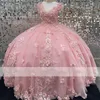 Pink Ball Gown Quinceanera Dresses 2023 Sweet 16 Dress Sheer Neck Appliques Pearls Crystals Lace-Up Vestidos De Xv Anos 322