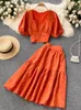 Work Dresses Purple/Orange/White Two Piece Set Women Vintage Square Collar Short Sleeve Tops High Waist A-Line Skirt Female Suits 2023