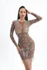 Stage Wear Silver Rhinestone Chains Brown Stretch Crystals Dress Women Dancer Transparent Outfit Evening Birthday Prom Short