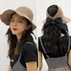 Breda randen hattar huishi hatt för flickor fällbar sol hink cap kvinnor halm bowknot flexibel väska fiskare panama solskyddsmedel
