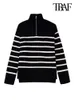 Women's Sweaters TRAF Women Fashion Loose Striped Asymmetry Knitted Vintage Long Sleeve Zipup Female Pullovers Chic Tops 230112