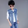 Vest 2023 Spring Autumn Children Clothing Sleeveless Cotton Denim Fashion Turn Down Collar Jacket Boy LZ375