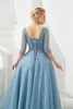 Party Dresses Sky Blue Evening V-Neck Elegant Half Lange Sleuppen med applikationer illusion LACE-UP BACK PEADING PESKINS Prom Gown