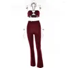 Women's Two Piece Pants Women Matching Sets Chic Fashion Ribbed Suit Sexy Halter Neck Tie Up Crop Tops High Waist Flared Trousers