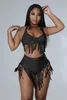 Two Piece Dress Echoine 2 Piece Set Swimwear Bikini Suit Black Tassel Fringe Women Bikini Set Beach Sexy Matching Set Summer Women Clothing T230113