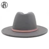 Brede rand hoeden mode wol vilt jazz fedora grijs rode patchwork riem gesp belfde decor panama dames mannen feestje trilby elegante pet