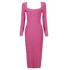 Casual Dresses Sexy Long Sleeve Pink Diamond Split Square Collar Bodycon Bandage Dress For Women Elegant Celebrity Party Night Club