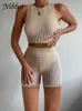 Two Piece Dress Nibber Two Piece Set Women Solid Mesh Knit Sleeveless Crop Top High Waist Slim Shorts Female Casual Sports Breathable Set T230113