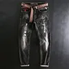 Men's Jeans Fashion Streetwear Retro Black Gray Elastic Slim Fit Ripped Patchwork Vintage Designer Casual Denim Pants 230113
